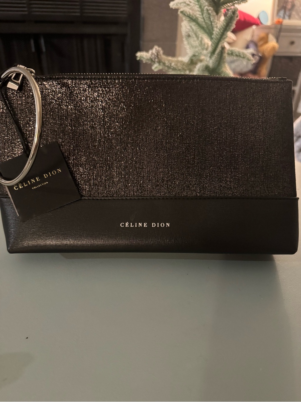 NWT Céline Dion Black Wristlet Clutch with Metal Ring